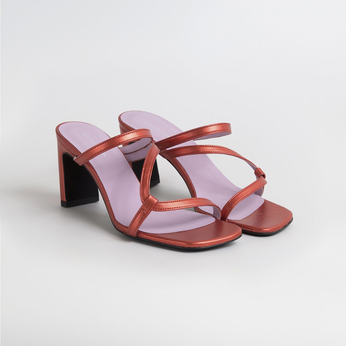 LILY Orange shoes featuring metallic leather upper, thin straps, and square cut toes, handcrafted in Portugal.